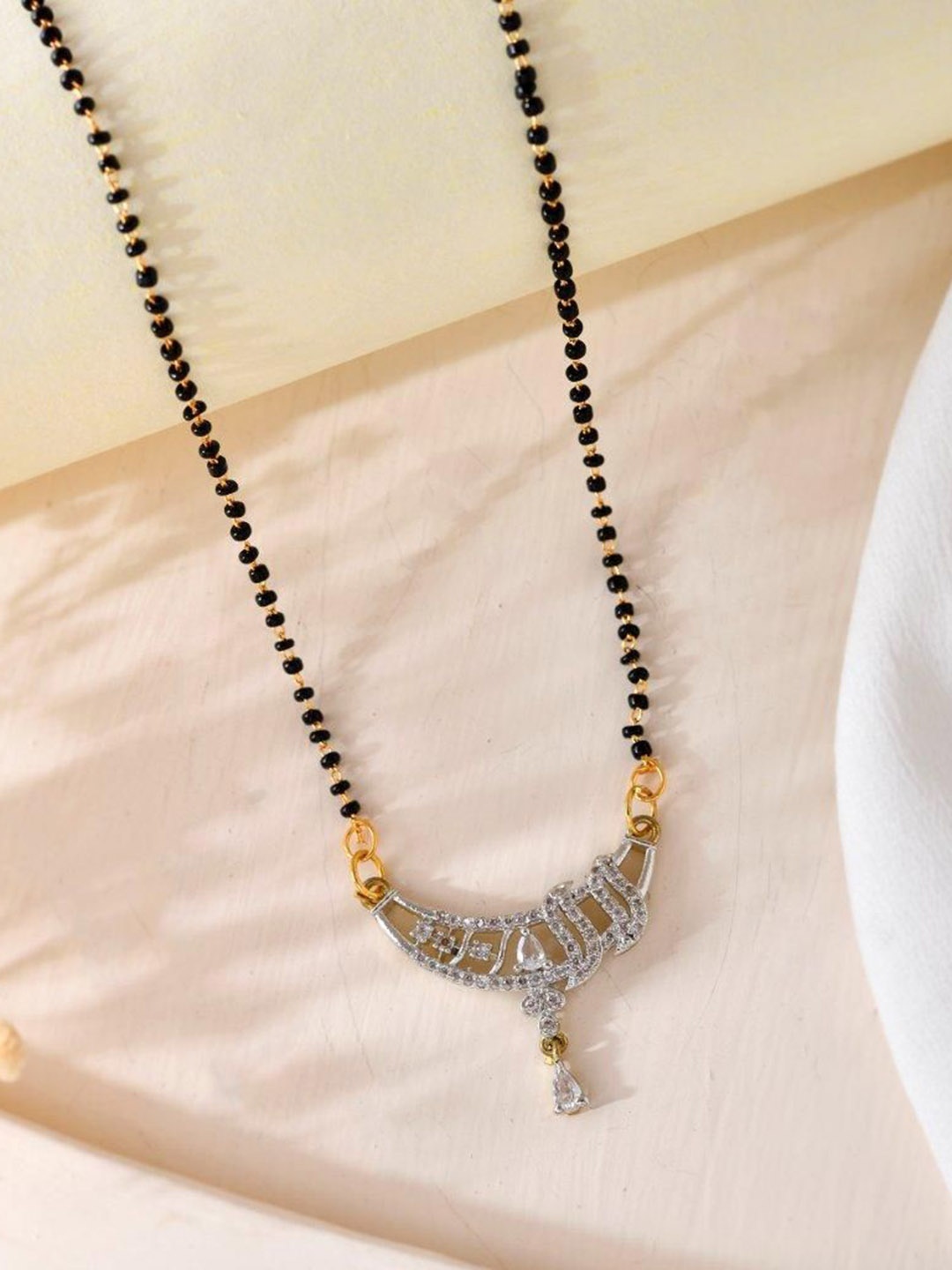 

VOJ Silver-Plated Stainless Steel American Diamond Stone And Beaded Mangalsutra