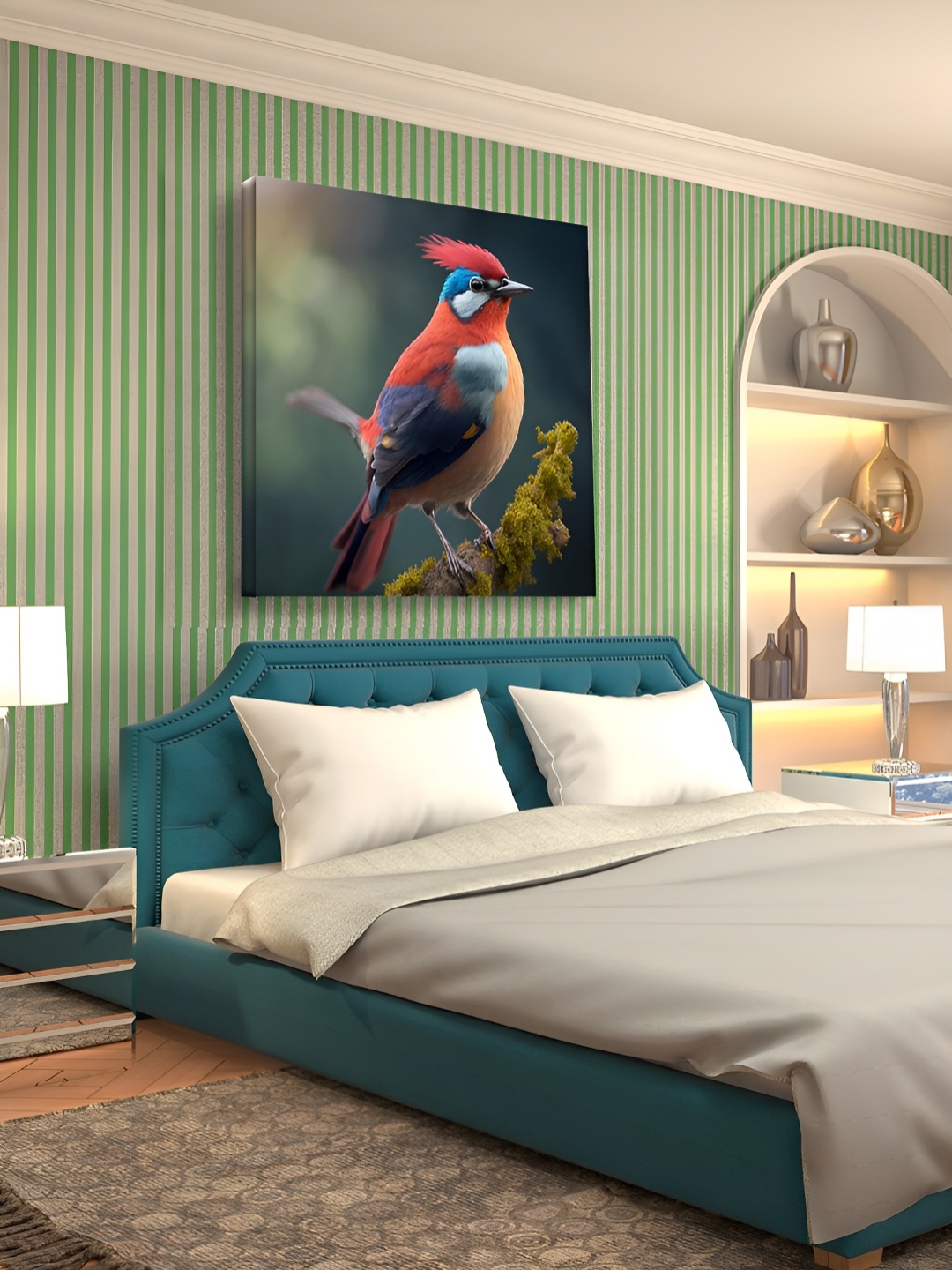 

OLIVE TREE Blue & Orange Birds Wooden Framed Canvas Painting Wall Art