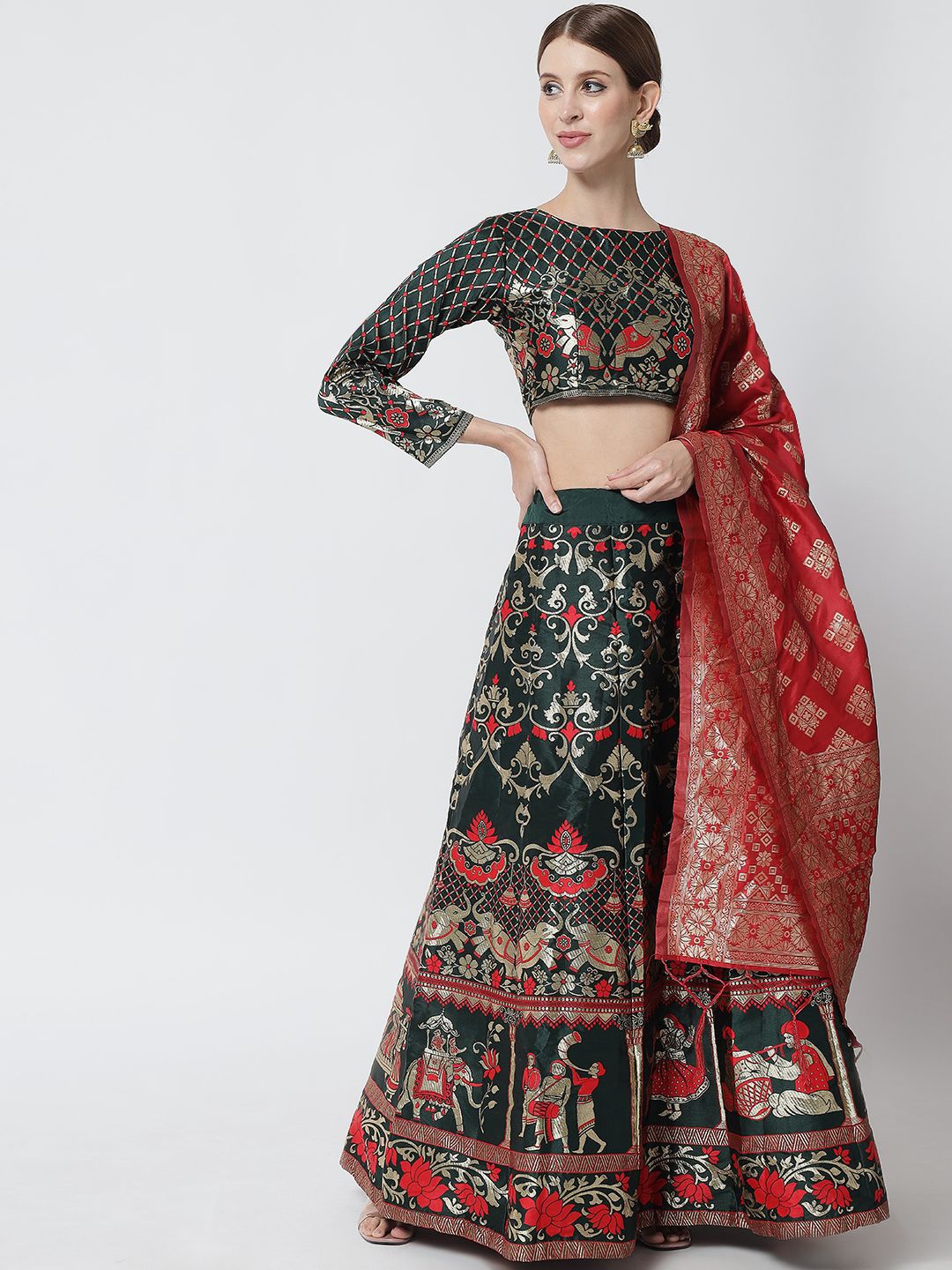 

MAGMINA Woven Design Semi-Stitched Lehenga & Unstitched Blouse With Dupatta, Green