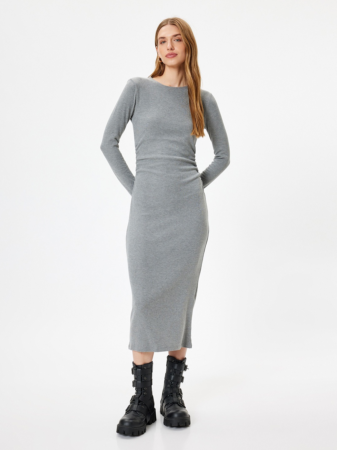 

Koton Round Neck Sheath Midi Dress, Grey