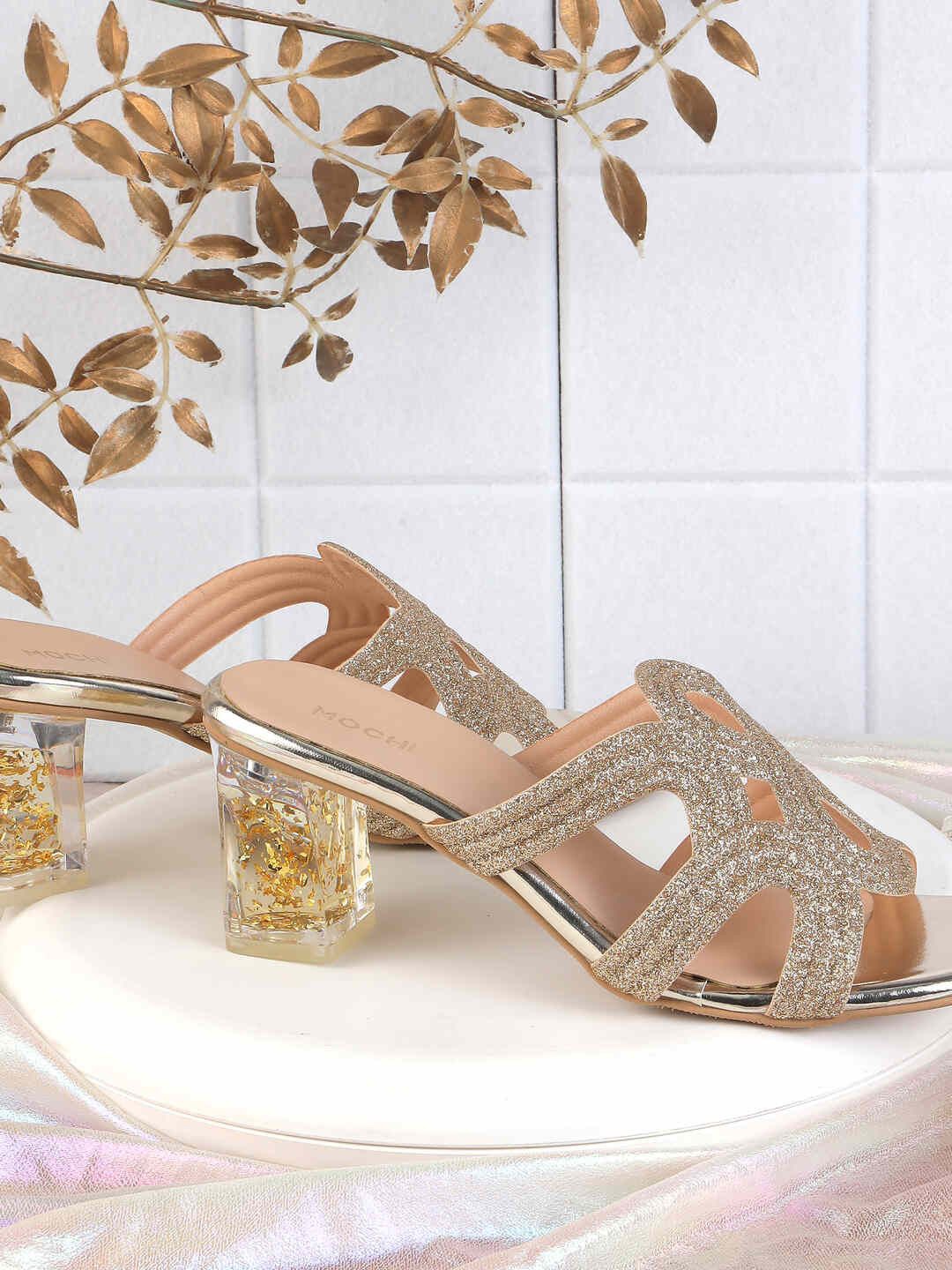 

Mochi Embellished Synthetic Block Heel Sandals, Gold