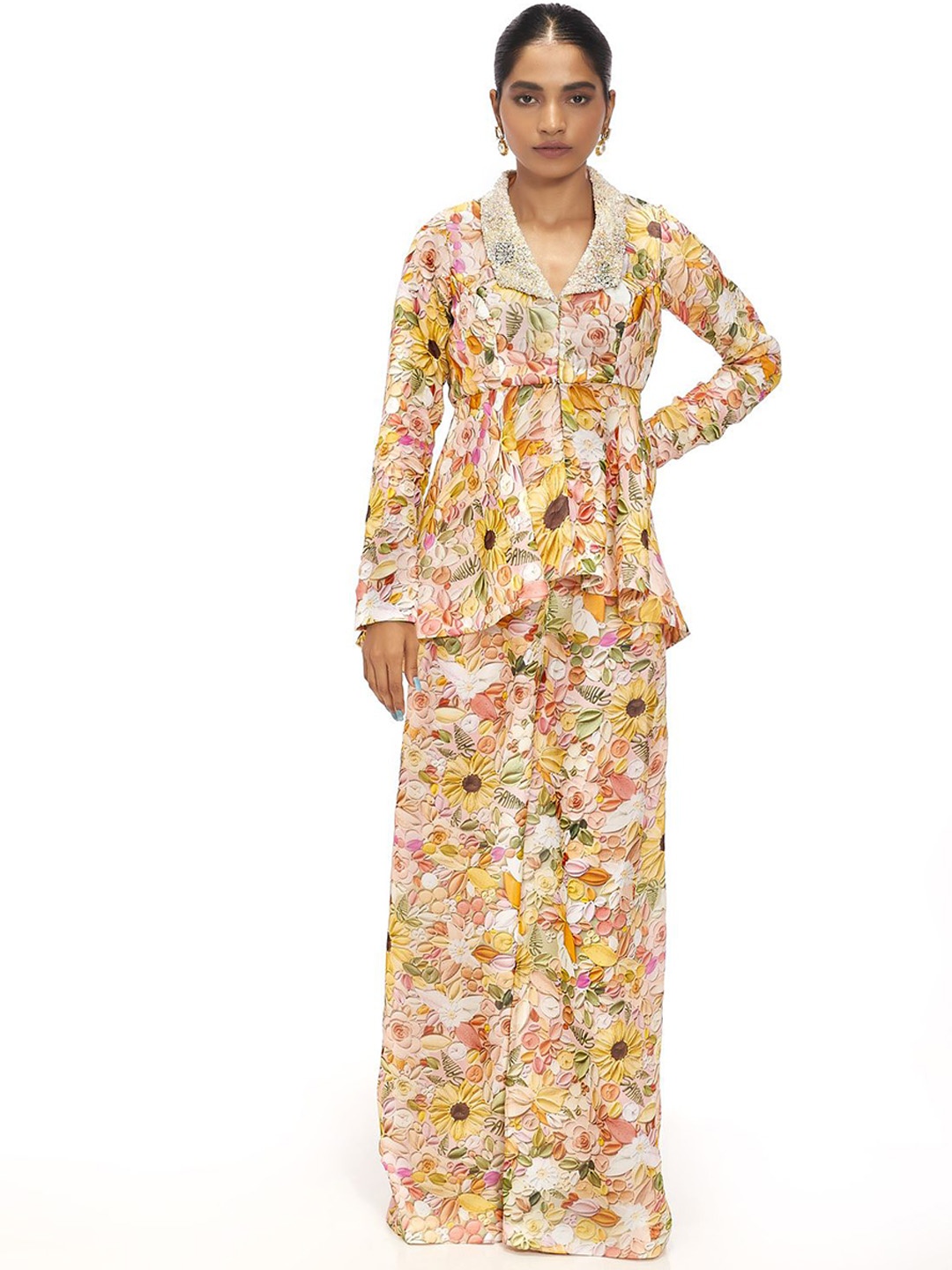 

Sayaanika Floral Printed Sequin Detail Peplum Top With Flared Trousers, Pink