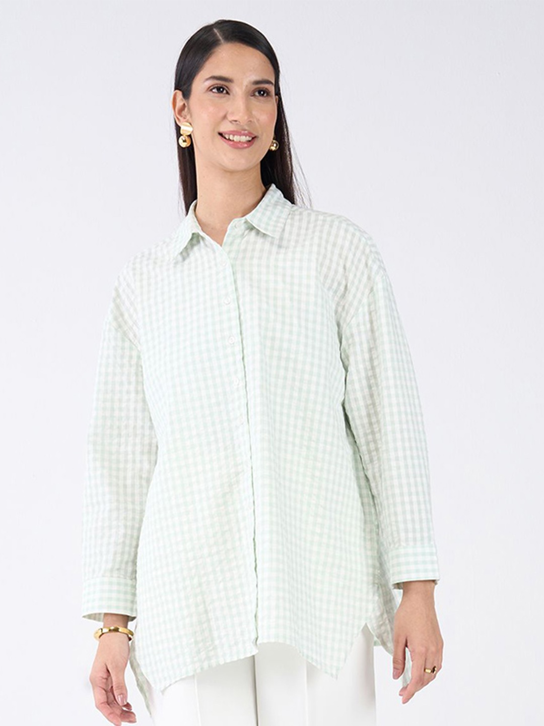

SALT ATTIRE Women Checked Shirt Collar Pure Cotton Top, White
