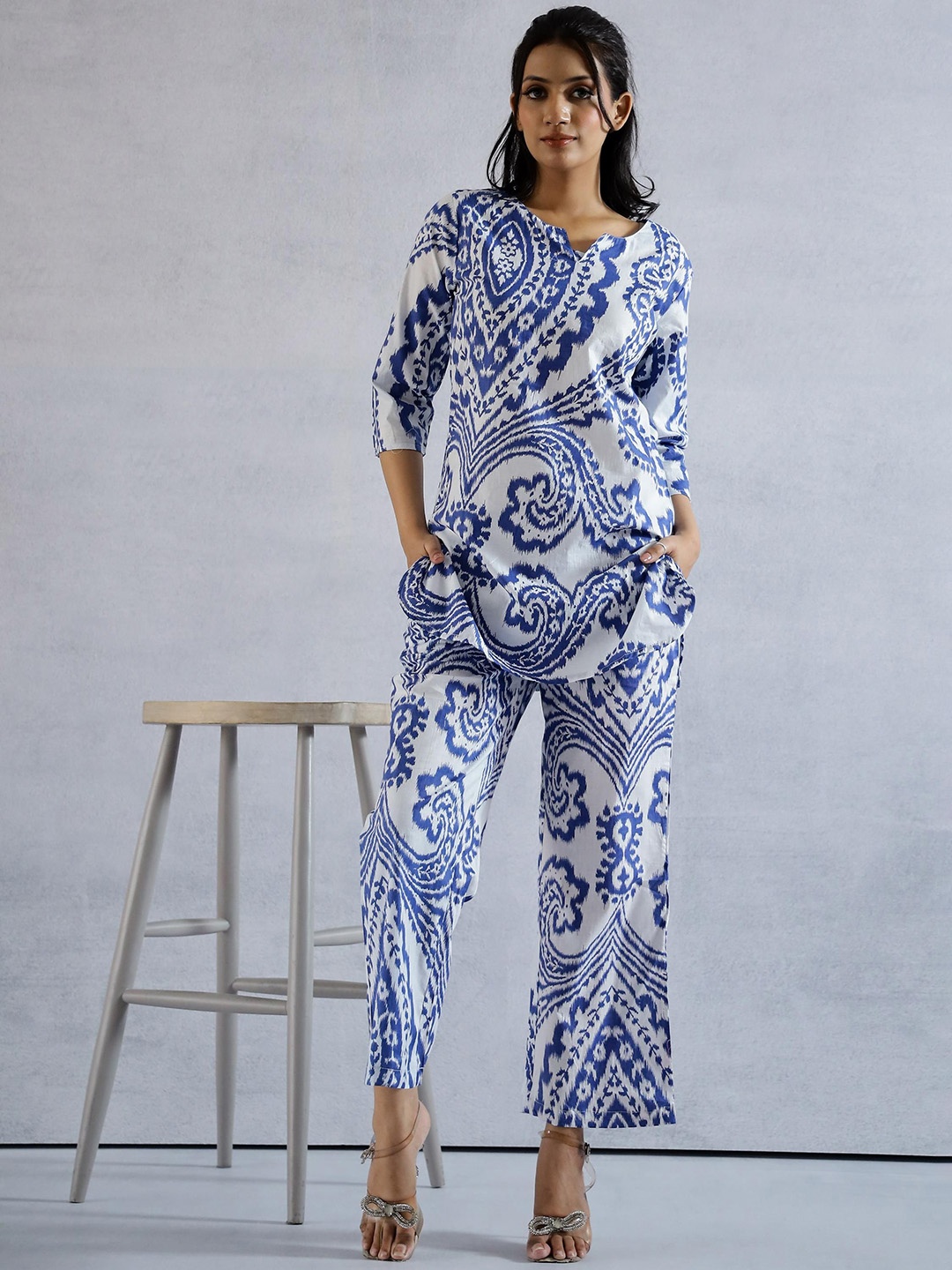 

FLAVIA CREATION Printed Pure Cotton Top & Trouser, White