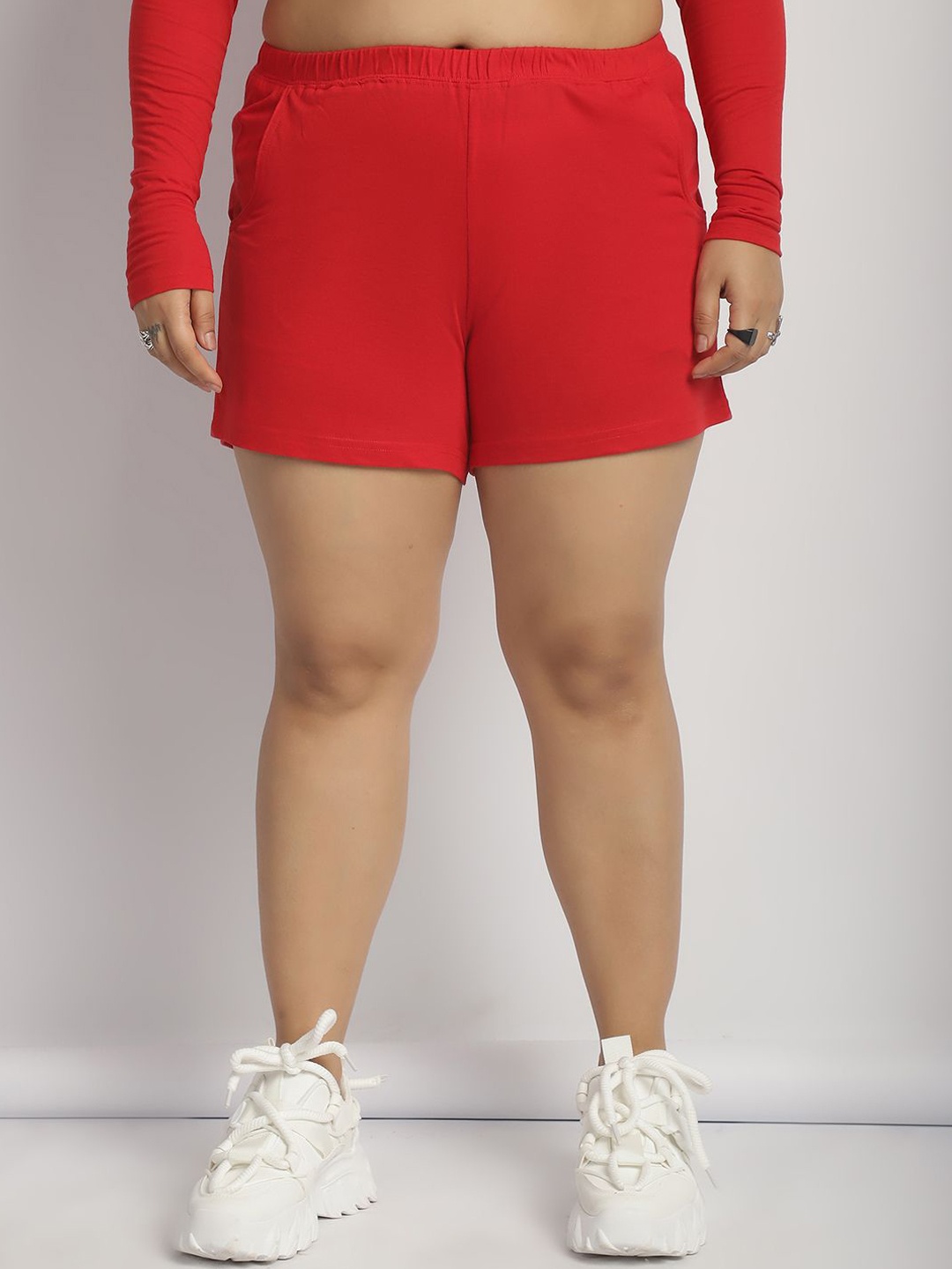 

thkgrlz Plus Size Women Relaxed Fit High-Rise Shorts, Red