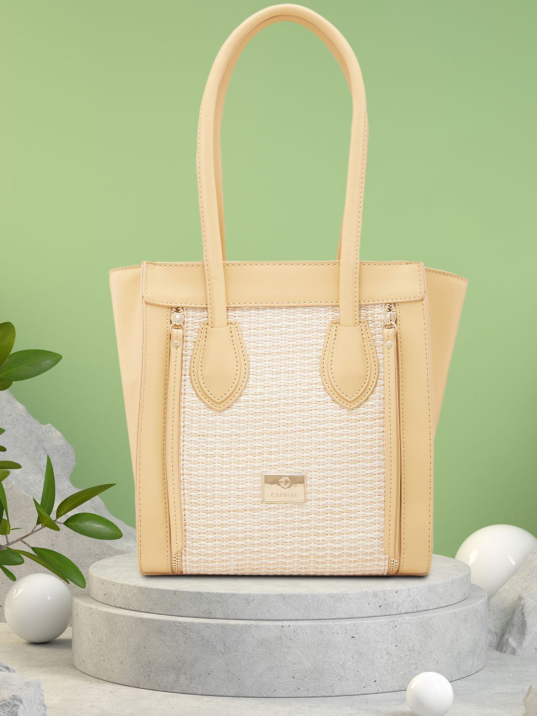 

Caprese Printed Oversized Structured Handheld Bag with Tasselled, Yellow