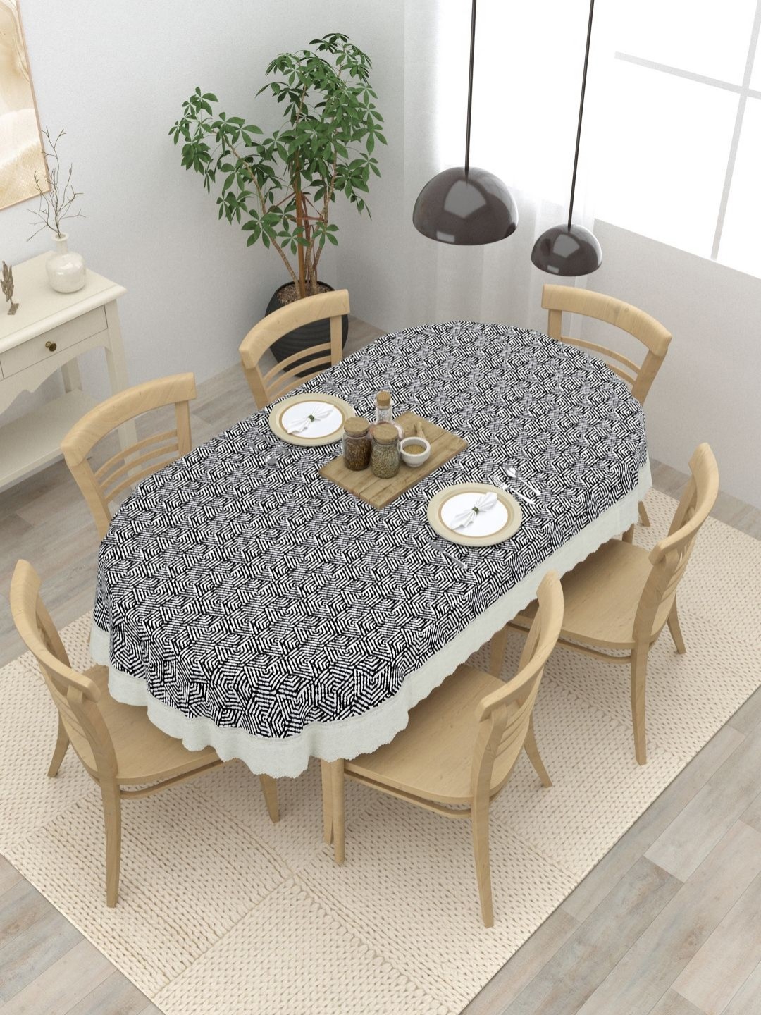 

Clasiko Black & White Geometric Printed Anti Slip Oval 6 Seater Table Cover
