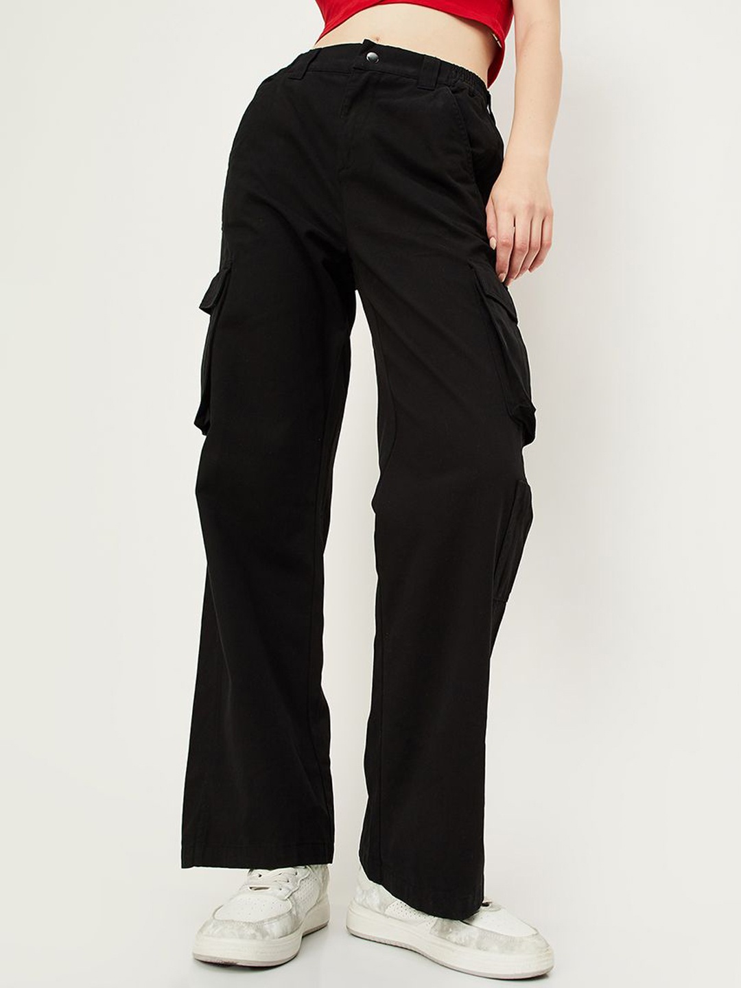 

max Women Mid-Rise Cotton Cargos Trousers, Black