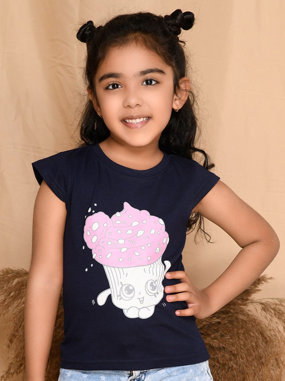 

Kids Cave Girls Graphic Printed Round Neck Cotton T-Shirt, Navy blue