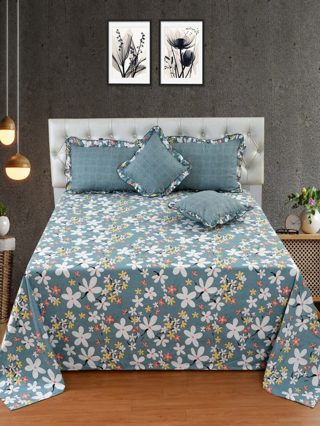 

BREVARD Blue & White Floral 5 Pieces Cotton Frill Double King Regular Bedding Set