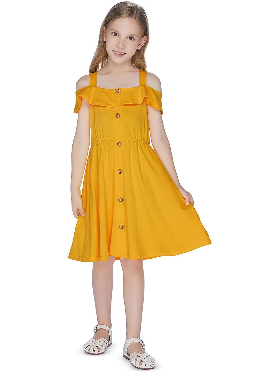 

FAIRY DOLLS Girls Cold-Shoulder Sleeve A-Line Dress, Mustard