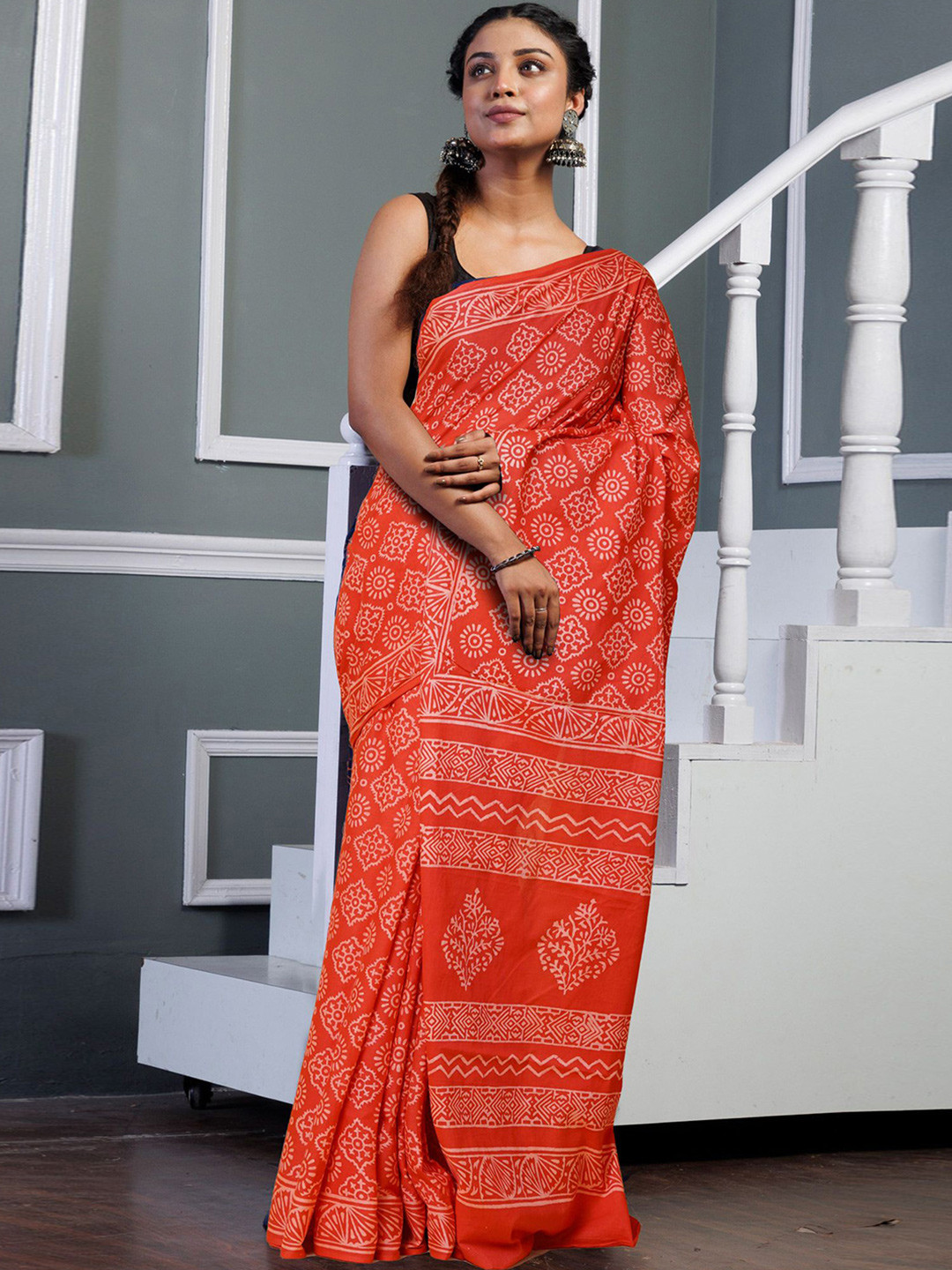 

Unnati Silks Printed Ethnic Motifs Pure Cotton Handloom Block Print Saree, Orange