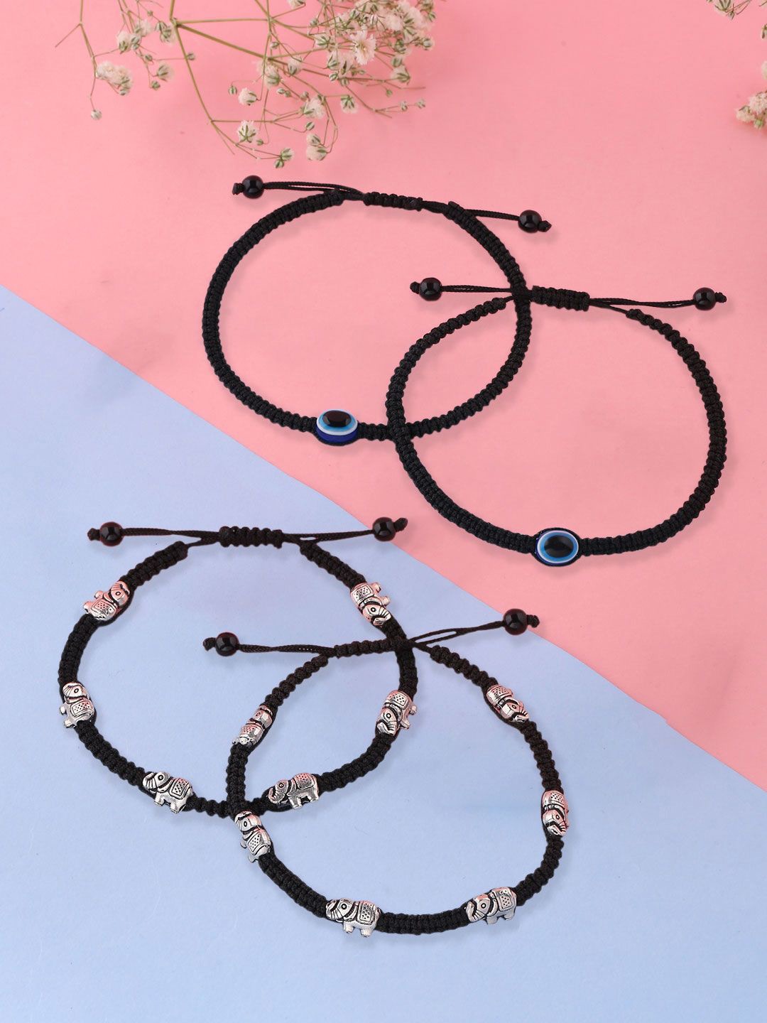 

VIRAASI Set of 2 Brass-Plated Evil Eye Anklets, Silver