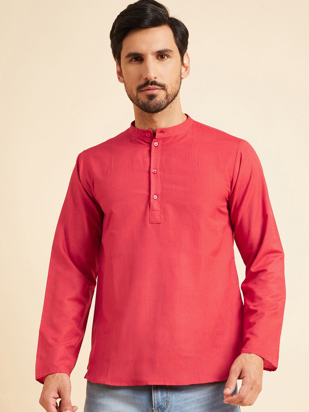 

Sangria Red Band Collar Cotton Straight Kurta