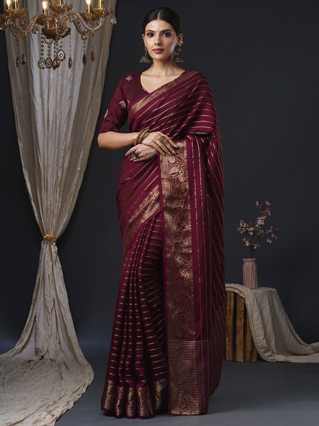 

Anouk Striped Zari Banarasi Saree, Burgundy