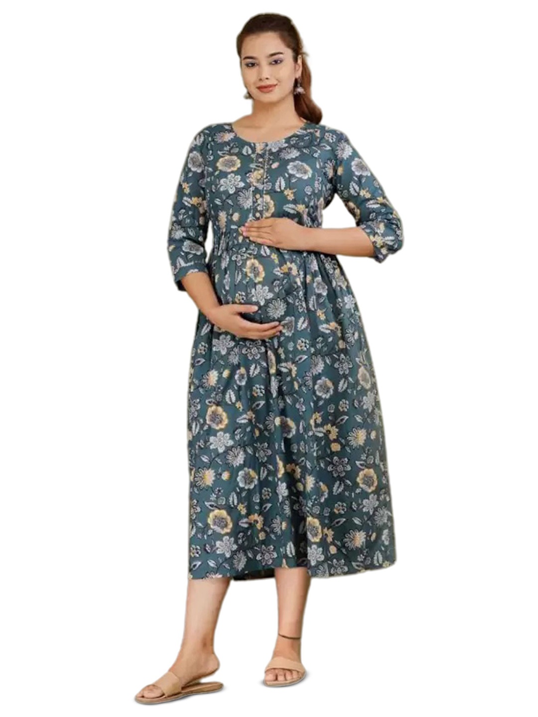 

SHOOLIN Printed Cotton Maternity Fit and Flare Ethnic Midi Dress, Grey