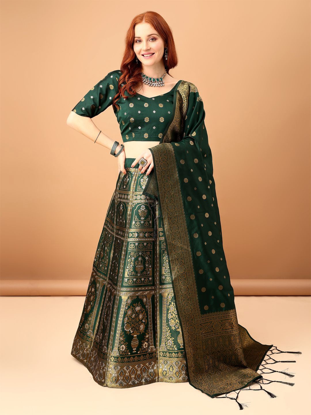 

MAGMINA Woven Design Semi-Stitched Lehenga & Unstitched Blouse With Dupatta, Green