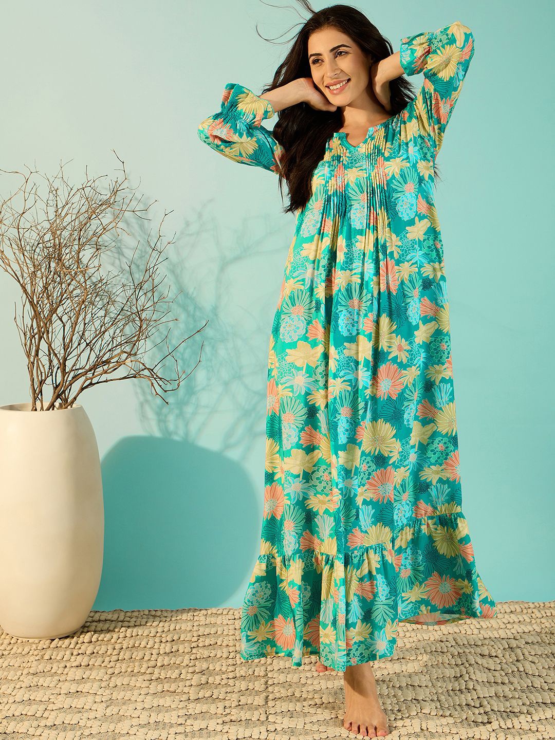 

The Kaftan Company Printed Maxi Nightdress, Green