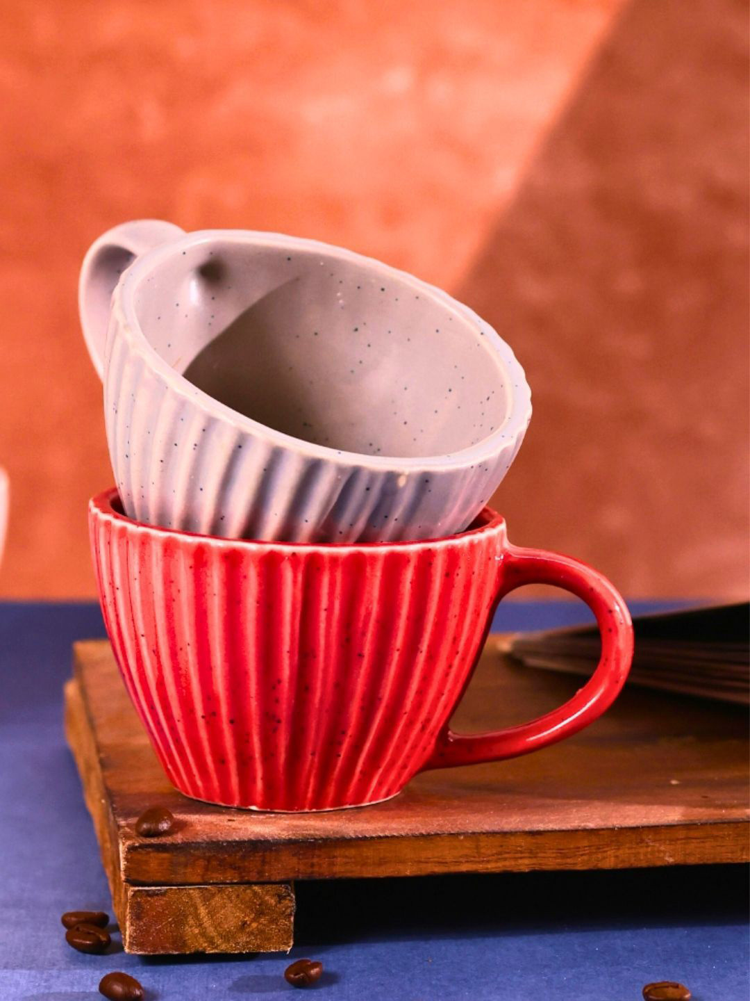 

WEAVING HOMES Red & Purple 2 Pieces Textured Ceramic Microwave Safe Glossy Cups 220ml