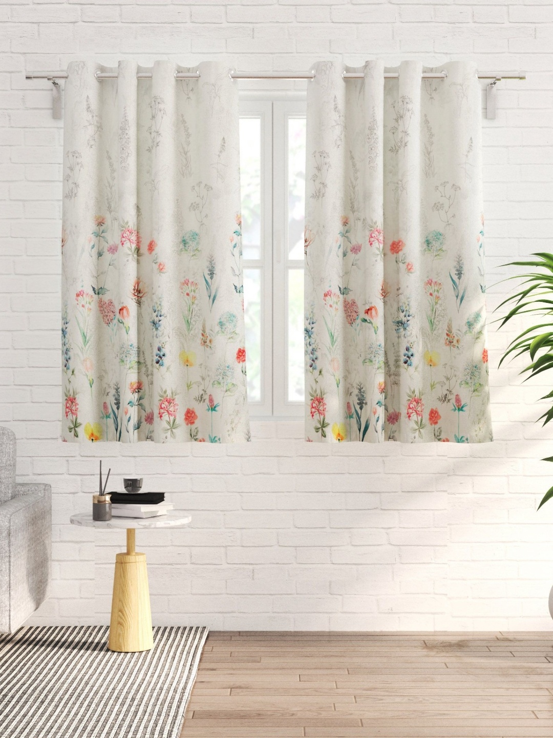 

Home Centre White & Pink 2 Pieces Floral Black Out Window Curtains