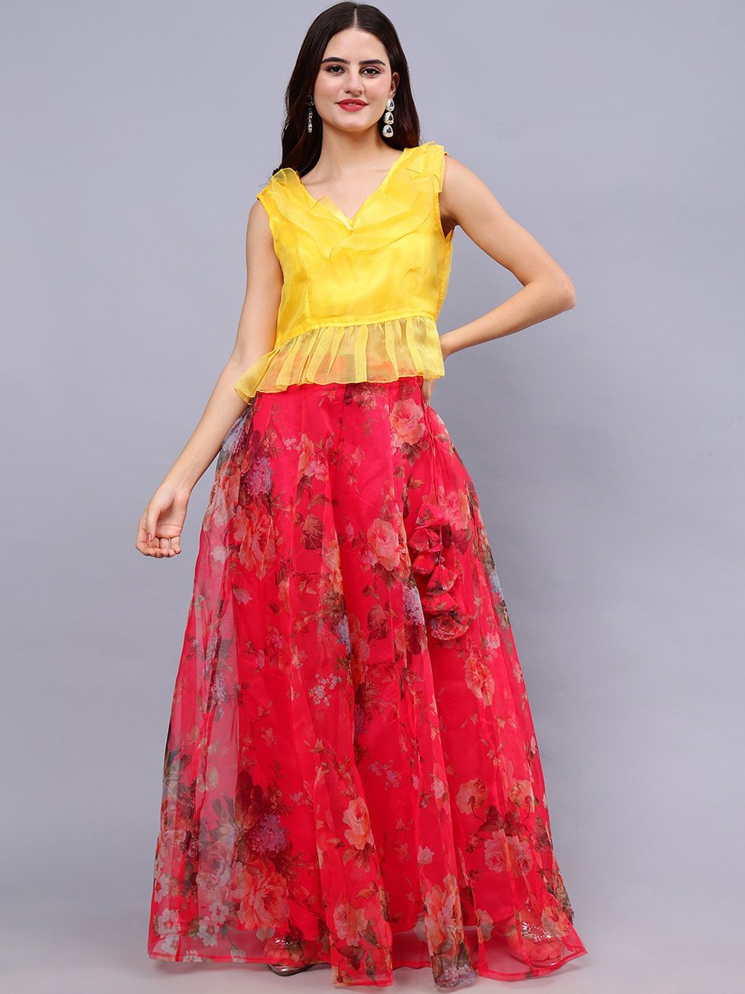 

Frolic Rolic Organza V Neck Top & Floral Print Organza Maxi Skirt Co Ords Set, Yellow