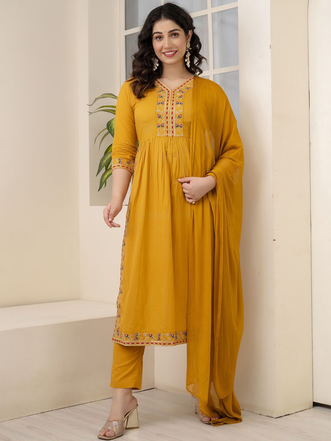 

Charu Ethnic Motifs Embroidered Pure Cotton A-Line Kurta With Trousers & Dupatta, Mustard