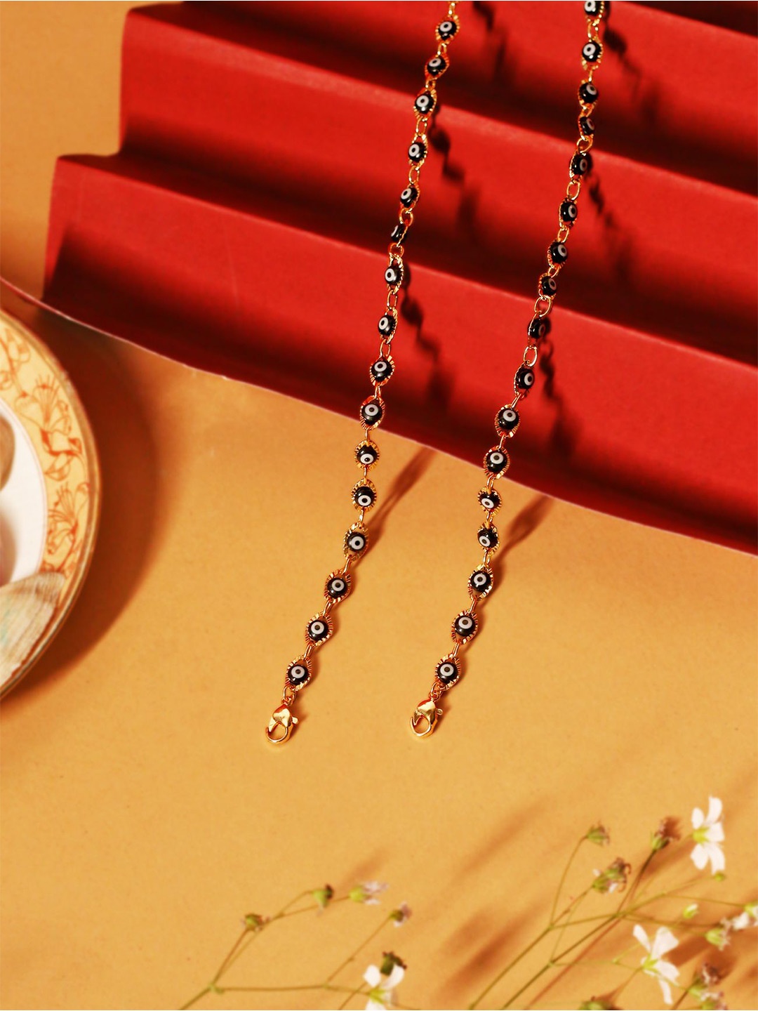 

VIRAASI Set of 2 Brass-Plated Evil Eye & Stone Studded Anklets, Gold