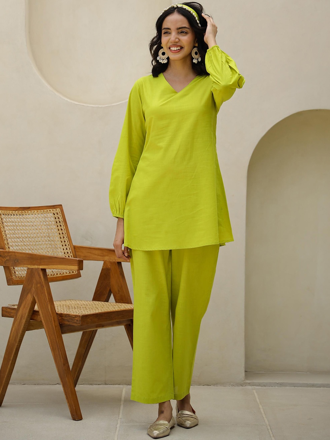 

FLAVIA CREATION V-Neck Pure Cotton Tunic With Trouser, Lime green