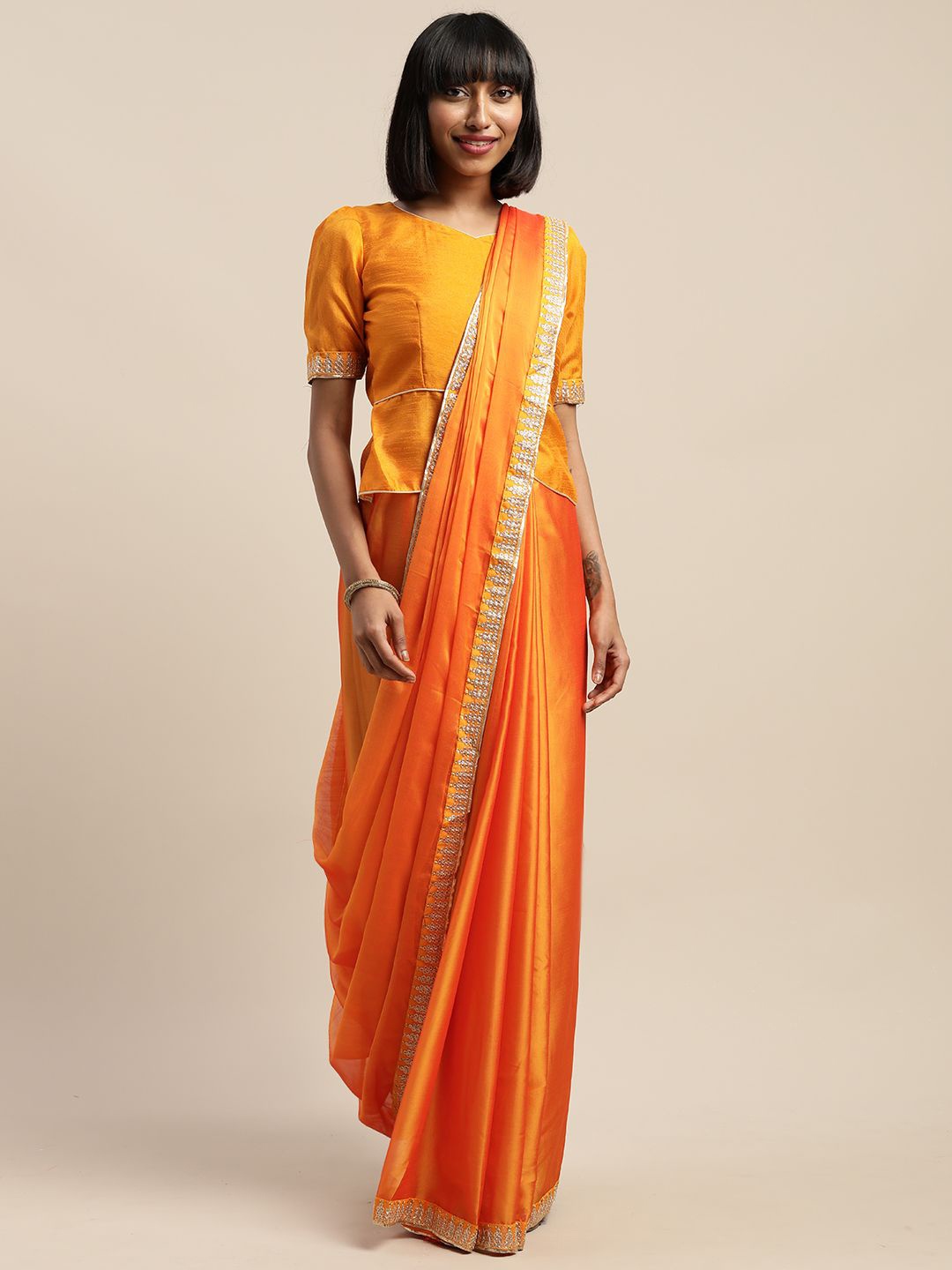 

KULNAARI Solid Zari Saree, Orange