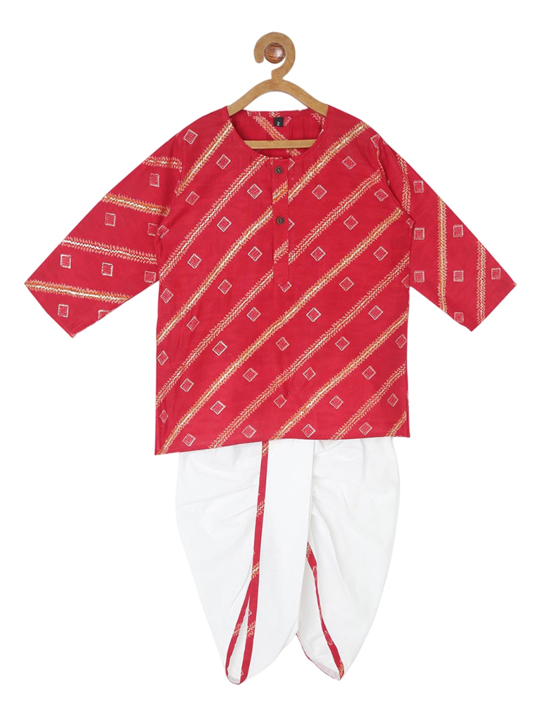 

CHAYIM Kids Geometric Printed V-Neck Straight Kurta With Dhoti Pants, Red