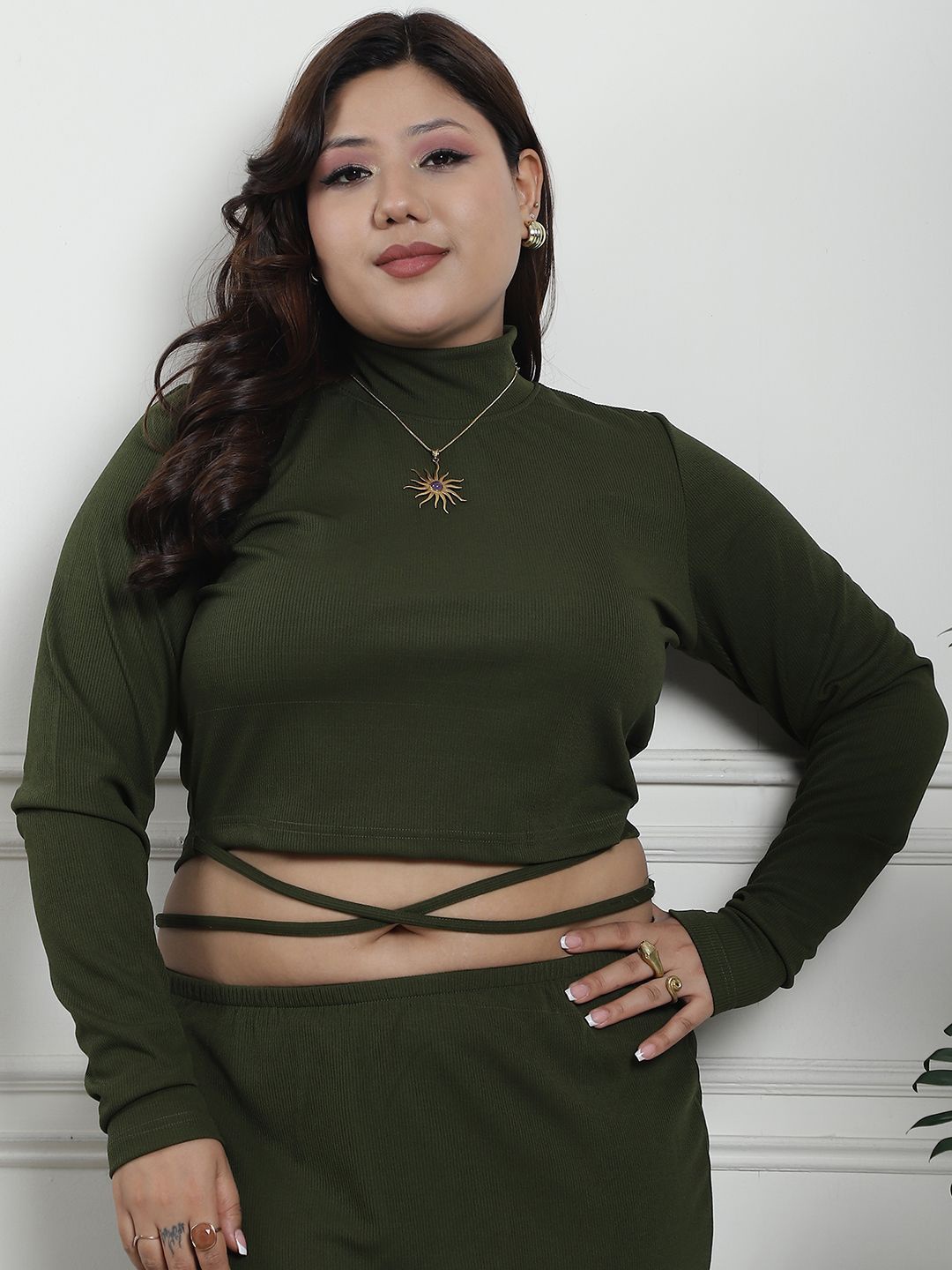 

thkgrlz Women Solid High Neck Plus Size Top, Olive