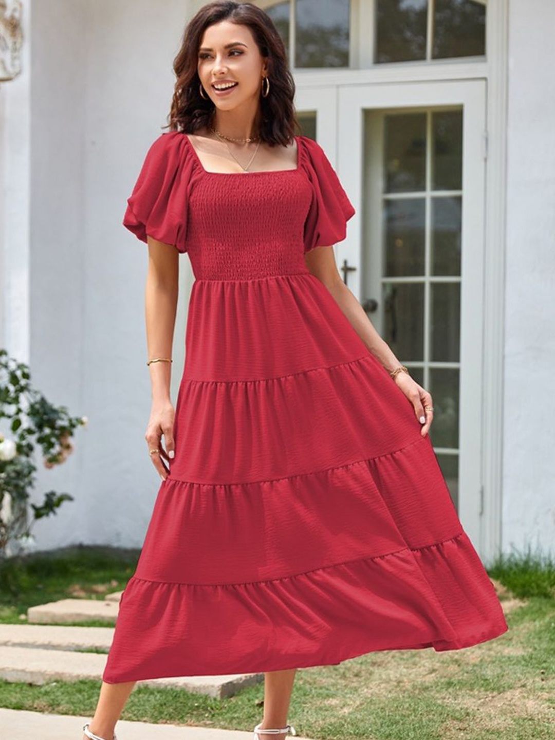 

StyleCast Puff Sleeve Georgette Fit and Flare Midi Dress, Red