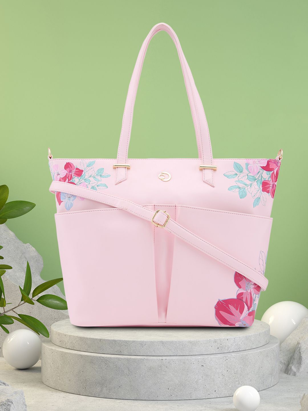 

Caprese Floral Printed Oversized Structured Tote Bag with Bow Detail, Pink