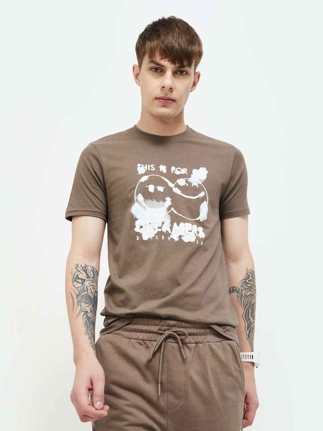 

SmileyWorld Men Graphic Printed Round Neck Cotton T-shirt, Brown