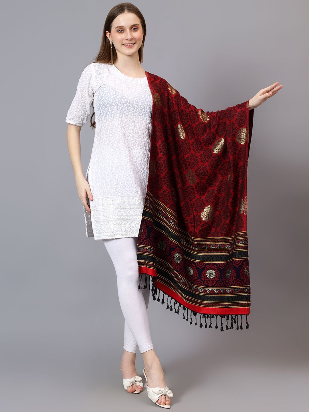 

Mizash Floral Woven Design Woollen Shawl, Red
