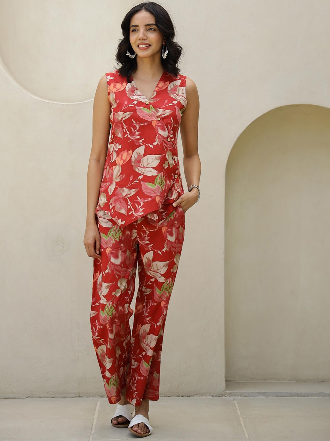 

FLAVIA CREATION Floral Printed Pure Cotton Tunic With Trousers, Red