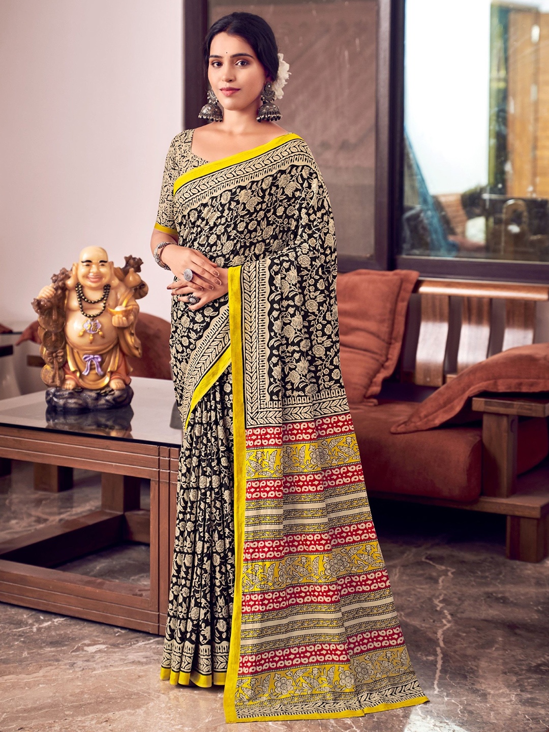 

Anaita Ethnic Motifs Pure Cotton Bagru Saree, Black