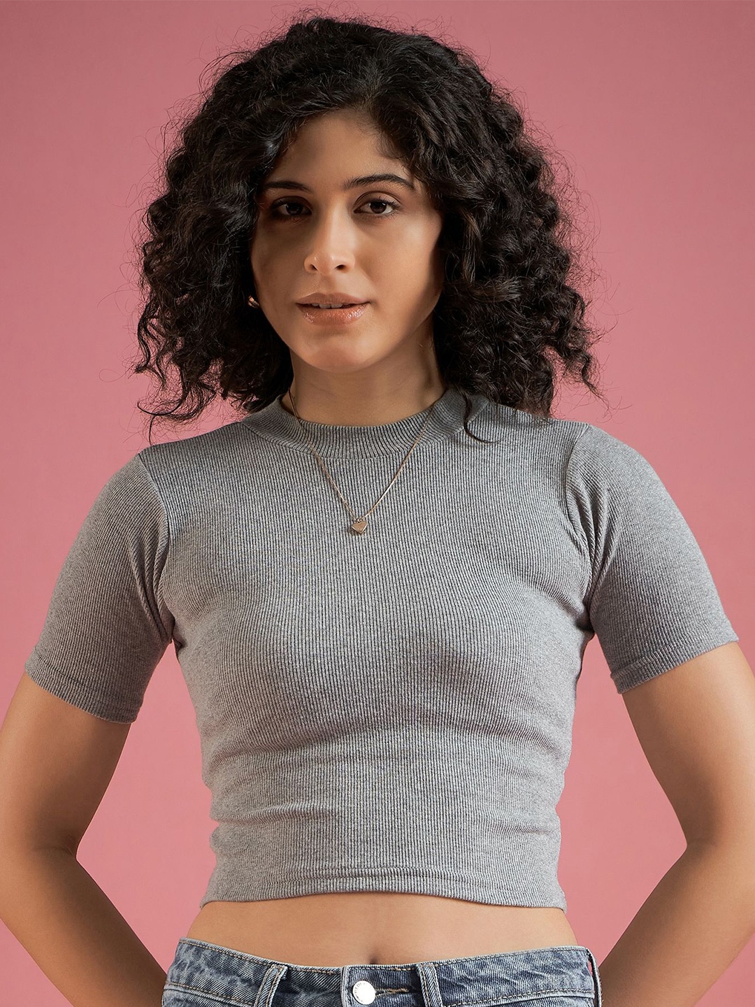

DressBerry Women Solid Round Neck Pure Cotton Top, Grey