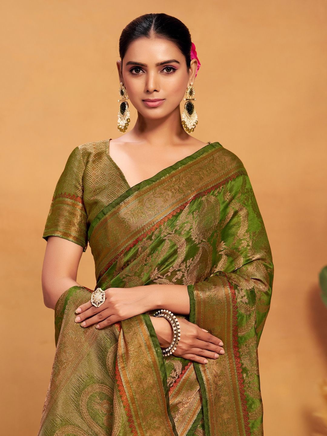 

KALINI Woven Design Zari Ethnic Motifs Organza Banarasi Saree, Green