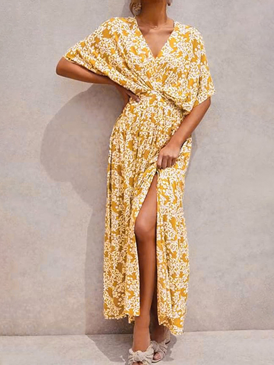 

LULU & SKY Extended Sleeve Front Slit Floral Maxi Dress, Yellow