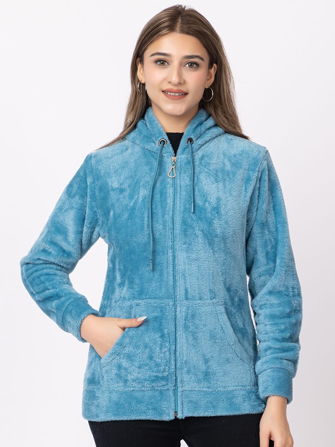 

LO G LO Women Solid Hooded Knitted Sweatshirt, Blue