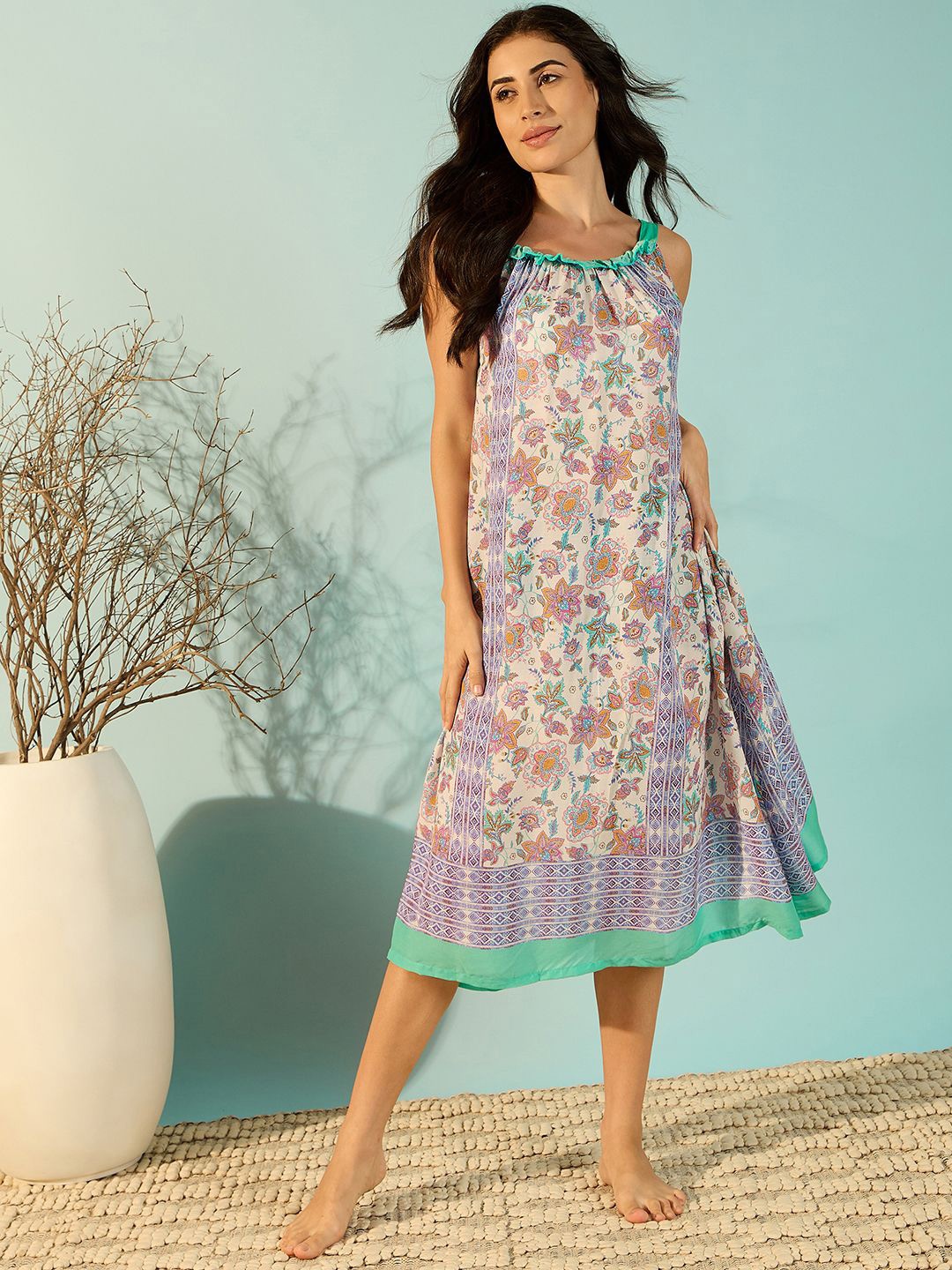 

The Kaftan Company Floral Printed Nightdress, Blue