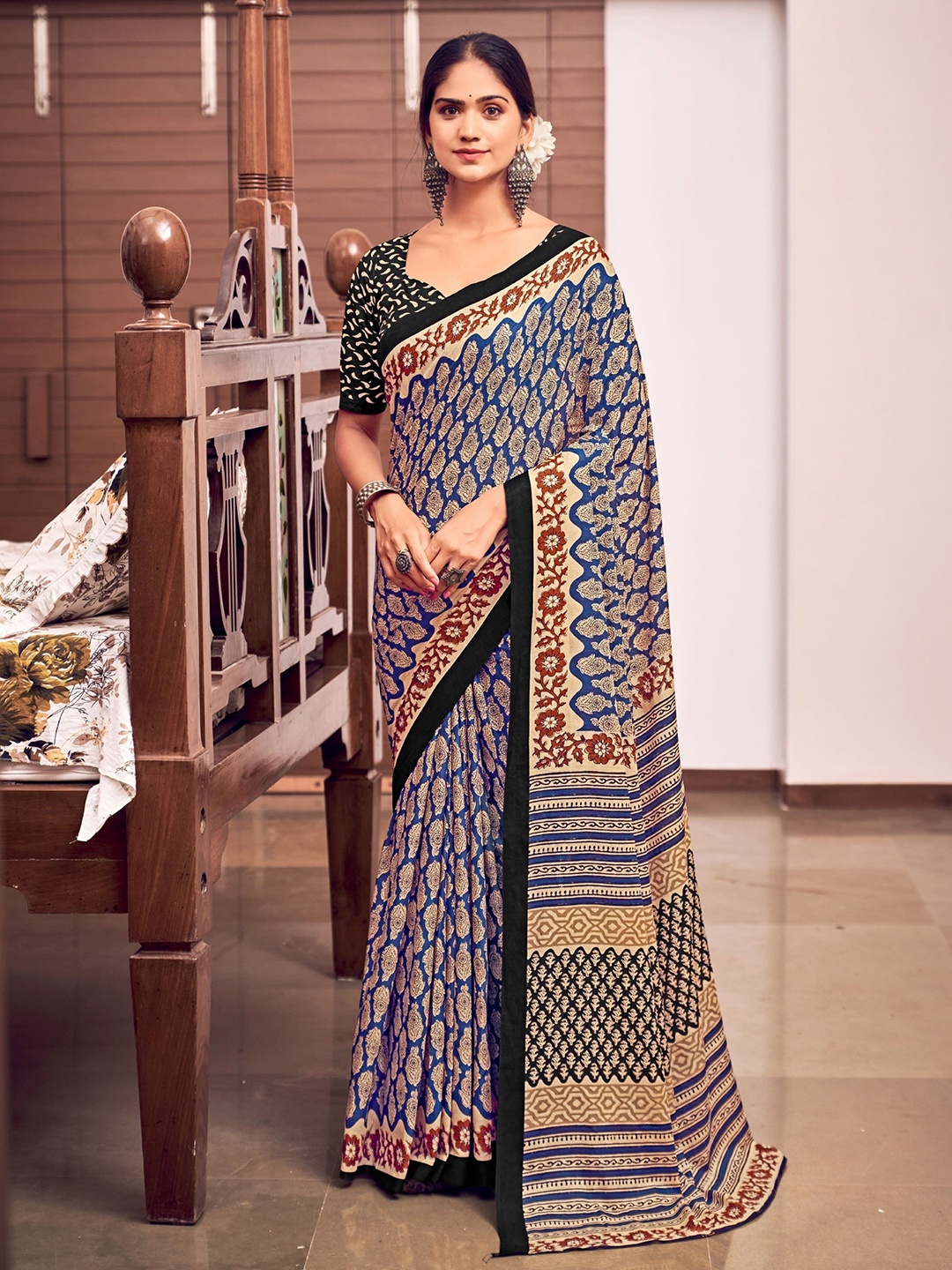 

Anaita Ethnic Motifs Pure Cotton Bagru Saree, Blue