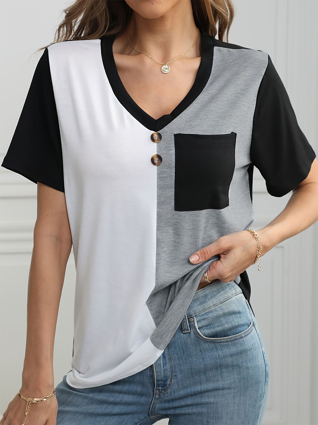 

StyleCast x Revolte Women Colourblocked Solid V-Neck Top, Grey