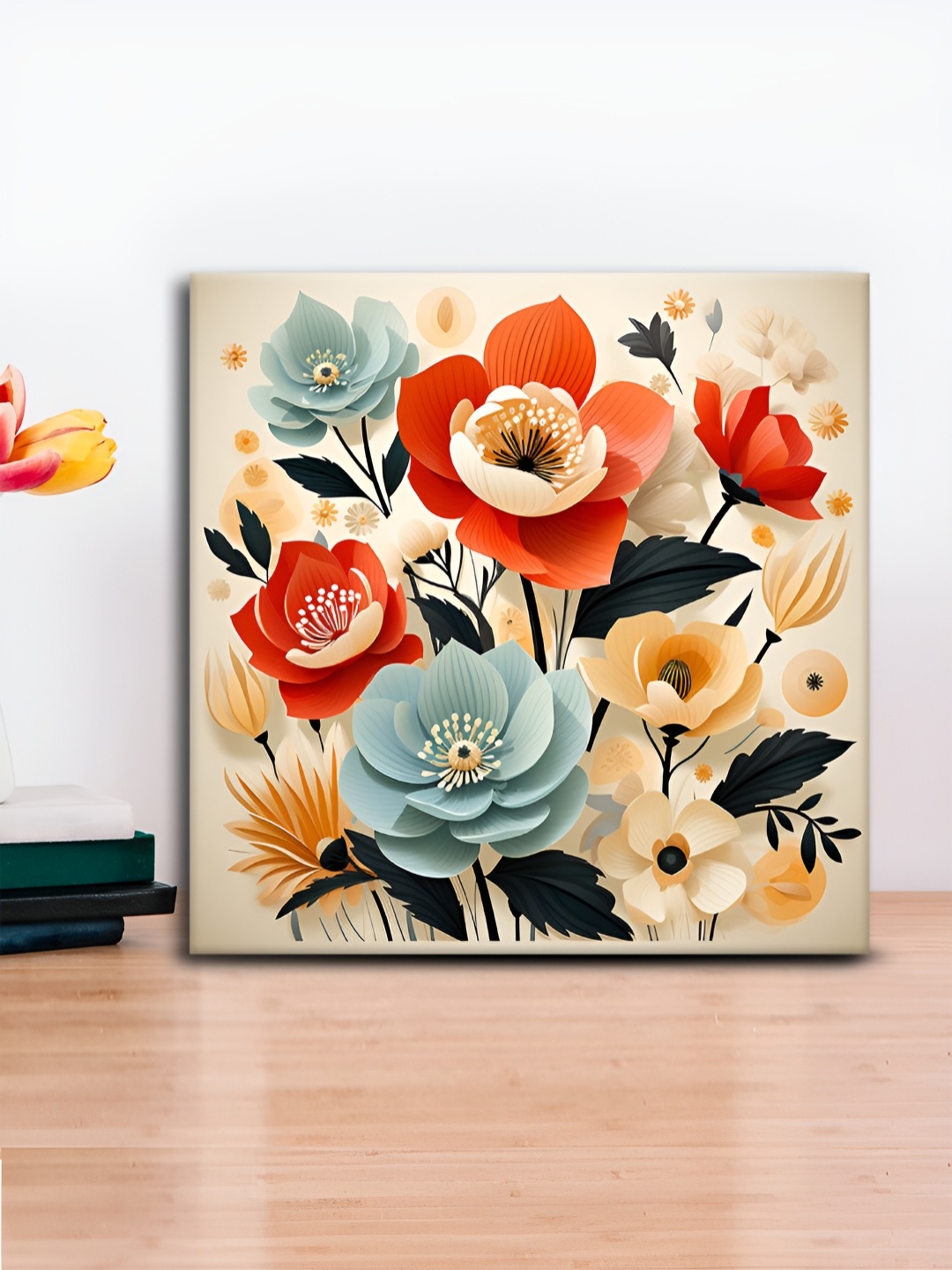 

OLIVE TREE Red & Blue Floral Wooden Framed Canvas Painting Wall Art