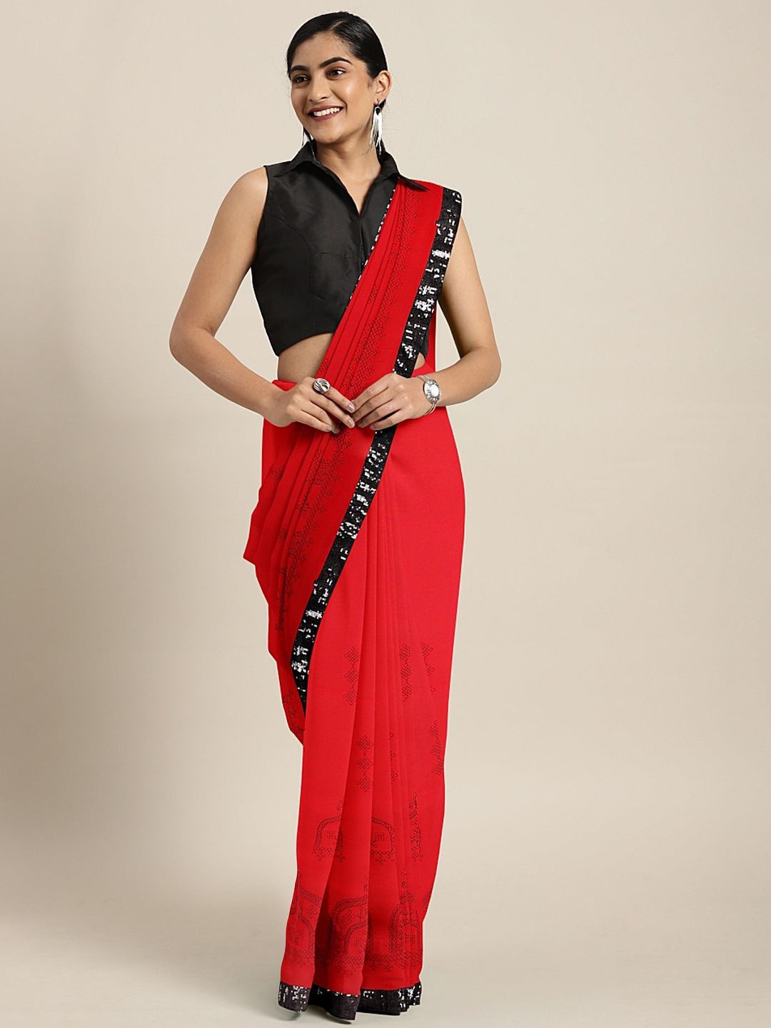 

Somras Ethnic Motifs Sequinned Pure Georgette Saree, Red