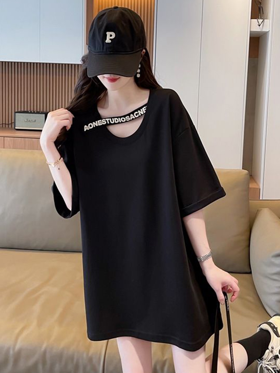 

StyleCast x Revolte Women Solid Round Neck Cotton Top, Black