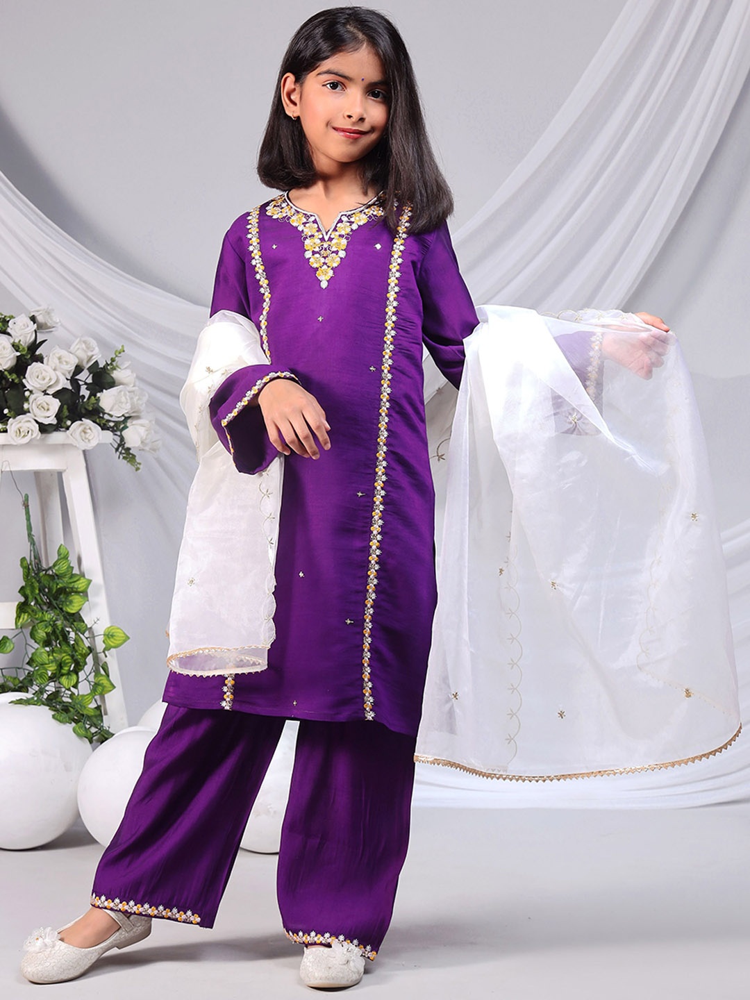 

BAESD Girls Floral Embroidered Regular Sequinned Straight Kurti with Palazzos & Dupatta, Purple