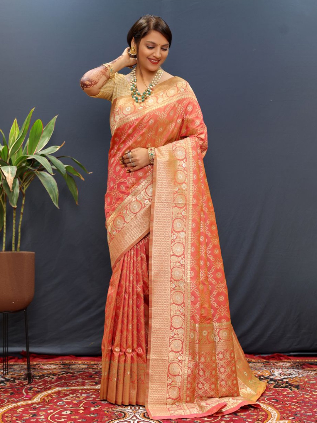 

Royal Rajgharana Saree Woven Design Zari Pure Silk Bandhani Sarees, Orange