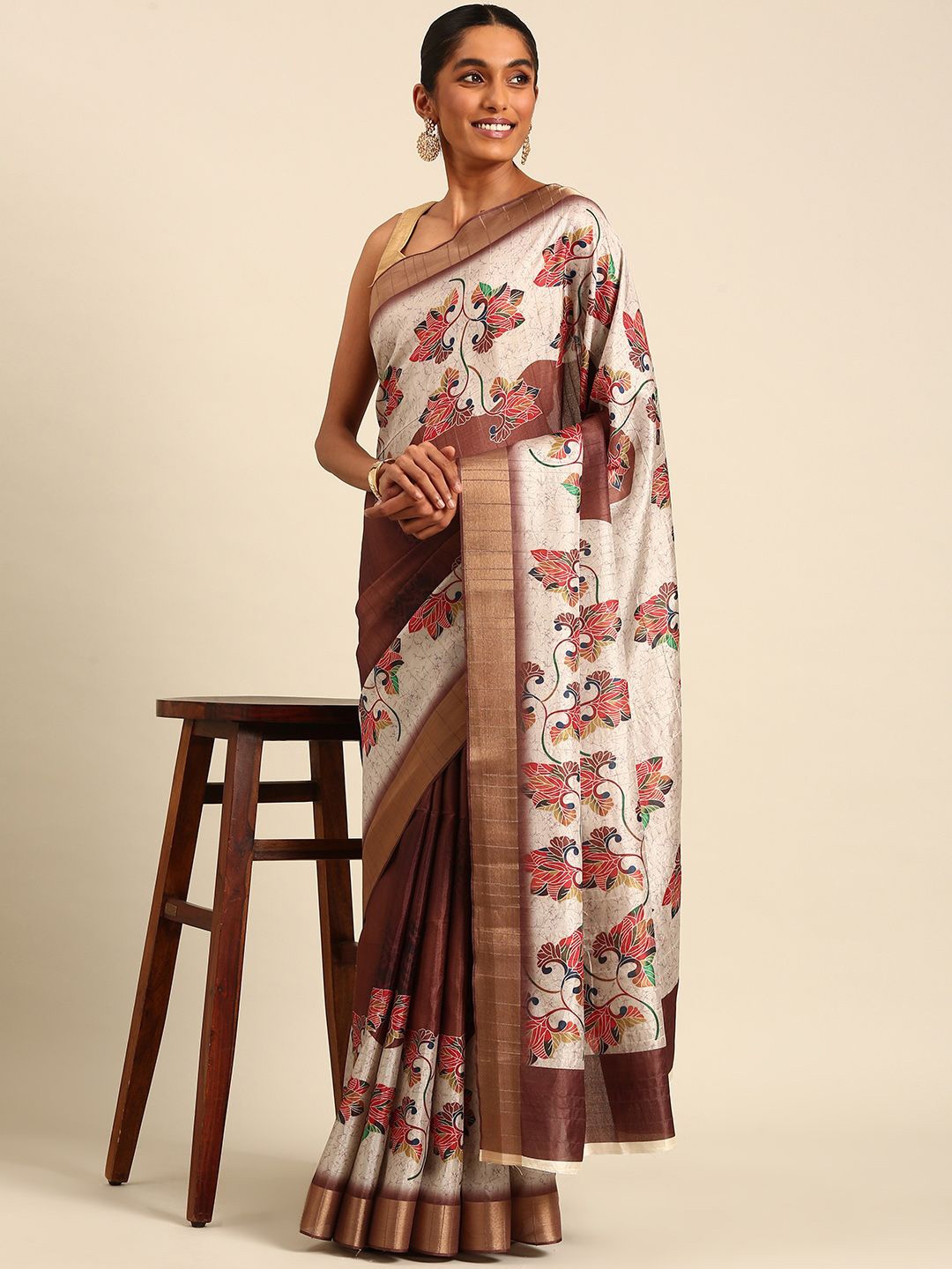 

Ishin Printed Zari Ethnic Motifs Saree, Cream